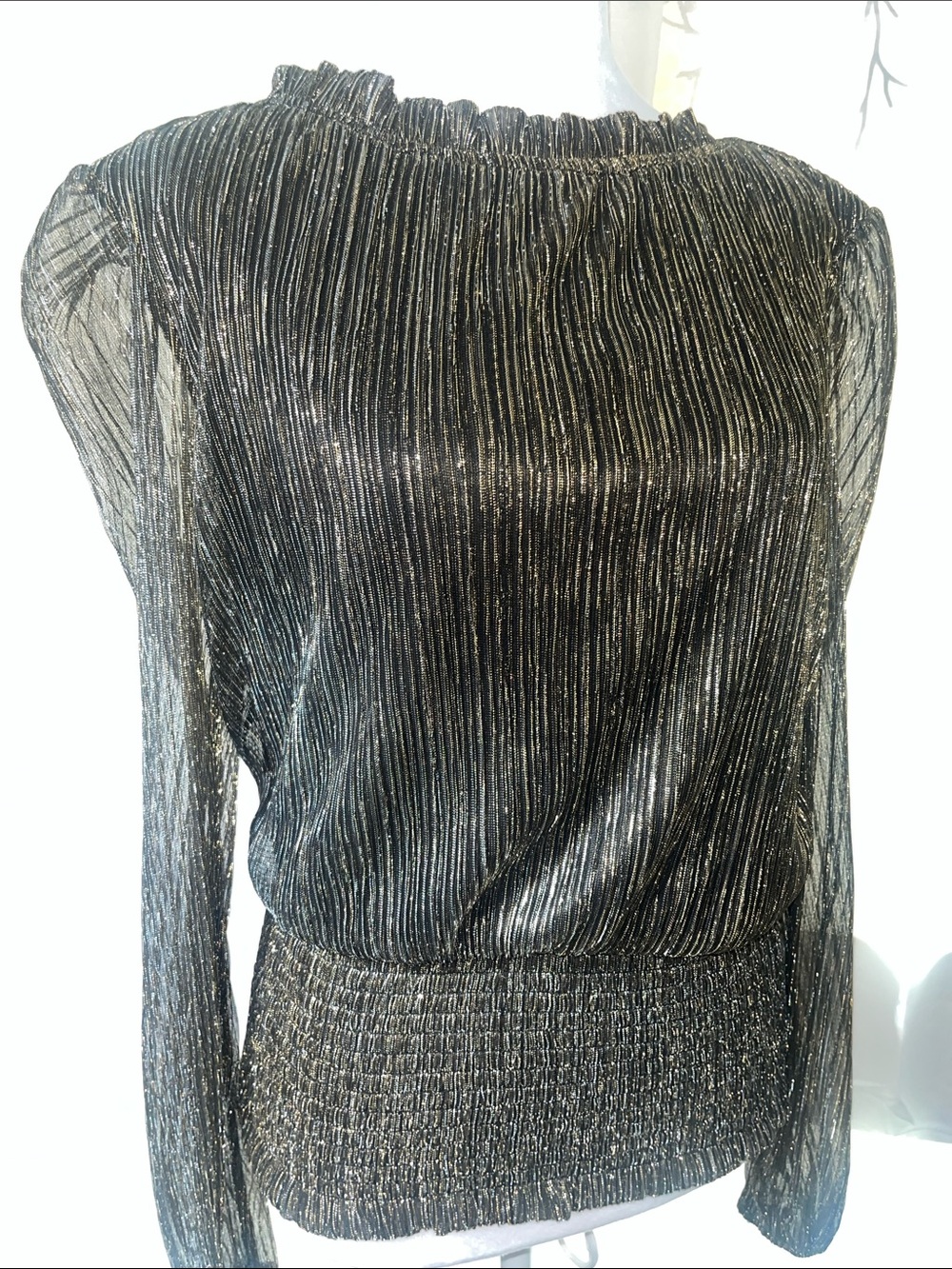 Joie Shimmery Metallic Black Gold Pleated Long Sleeve Top